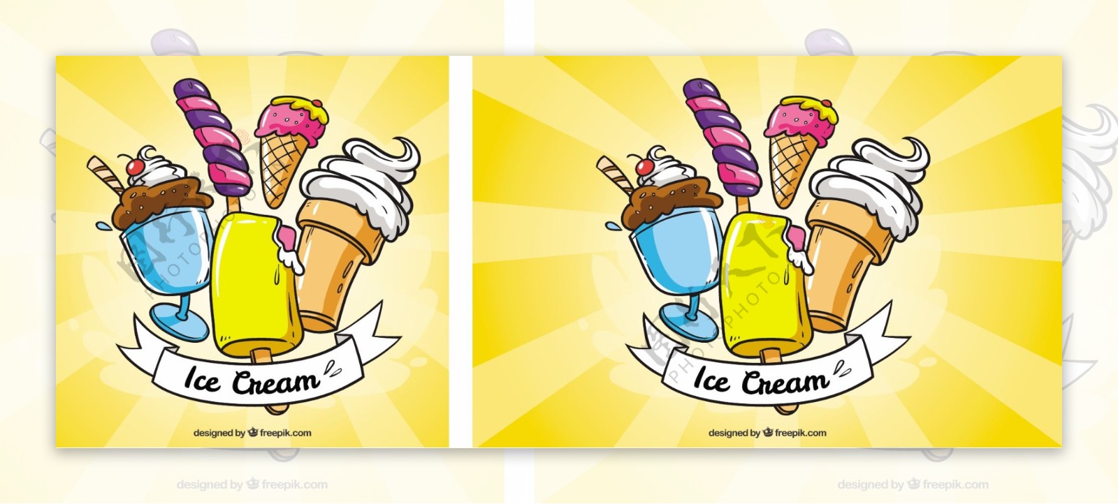 旭日的背景与美味的冰淇淋手绘风格