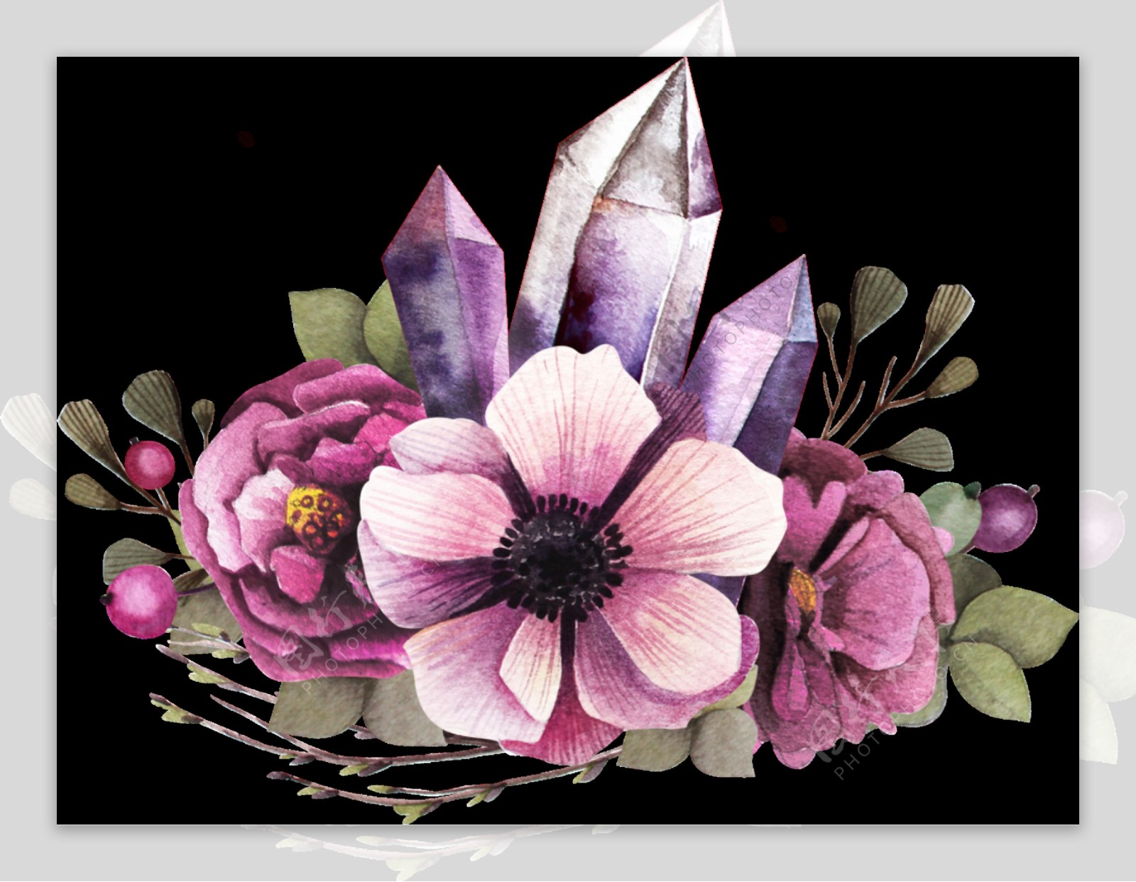 手绘两朵牡丹花搭配小紫花透明装饰图案