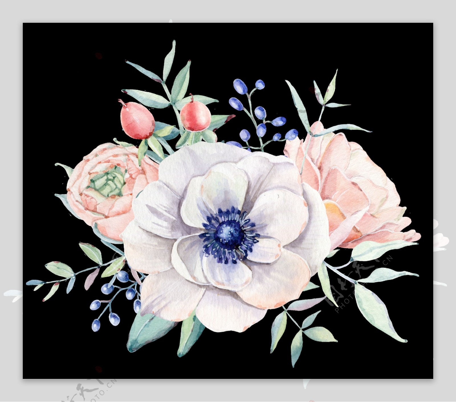 手绘盛开花朵礼品卡片透明装饰图案