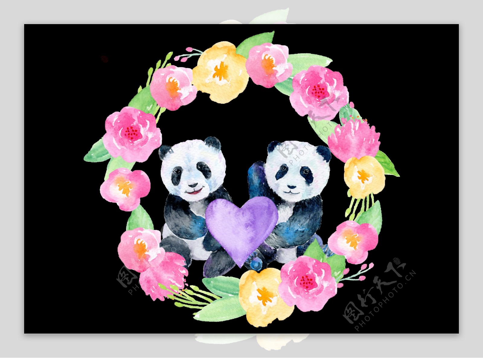 手绘花圈熊猫透明装饰图案