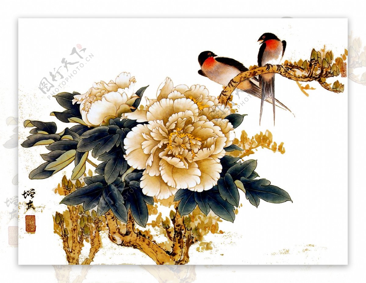 中国风彩绘鸟语花香牡丹图案元素