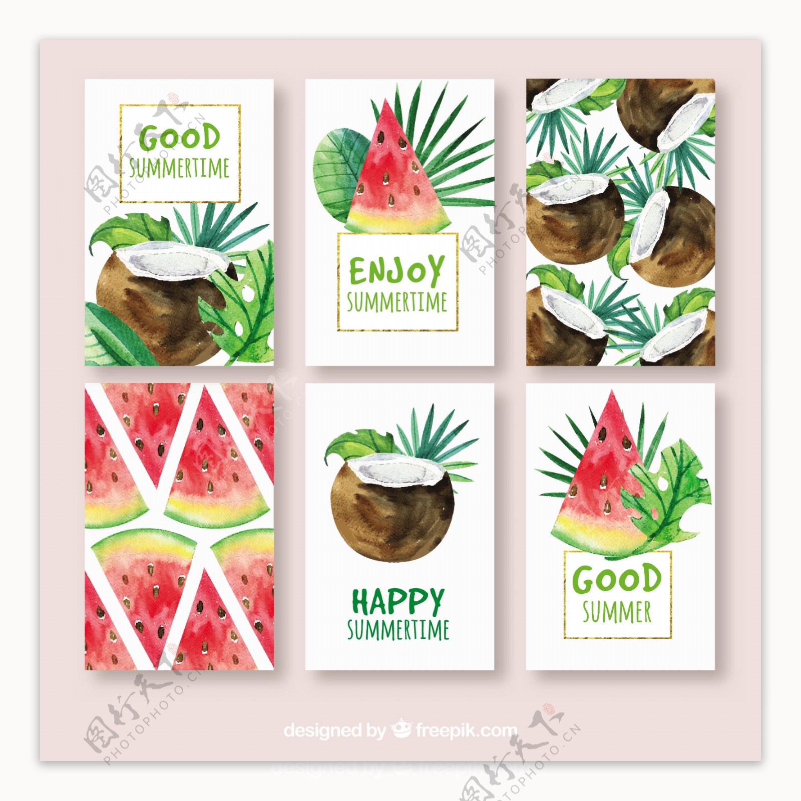 包装西瓜和水彩椰子卡