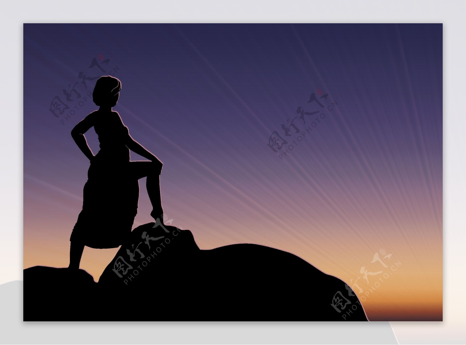 夕阳中的矢量女孩剪影站在岩石上的女孩