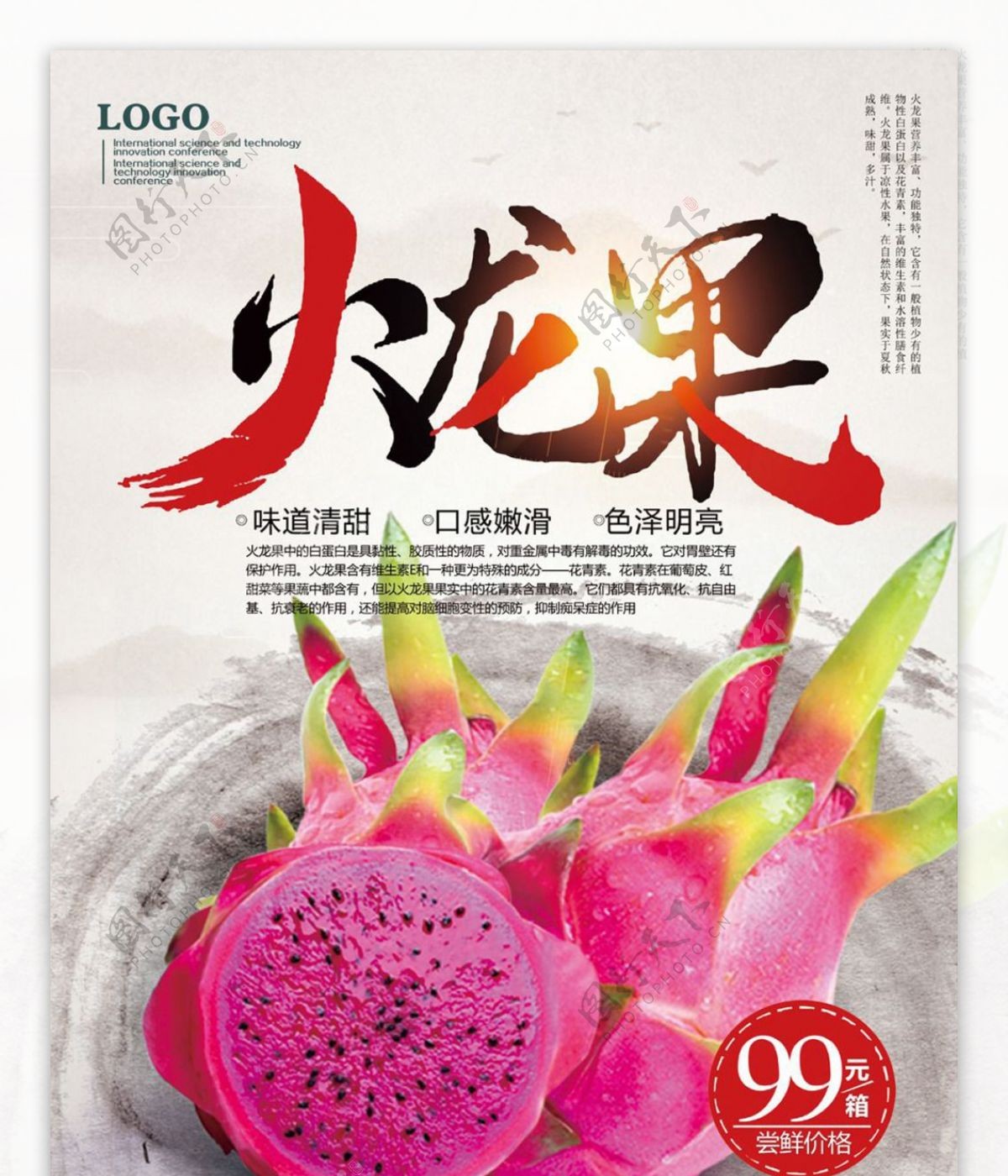 中国水墨风水果海报火龙果海报