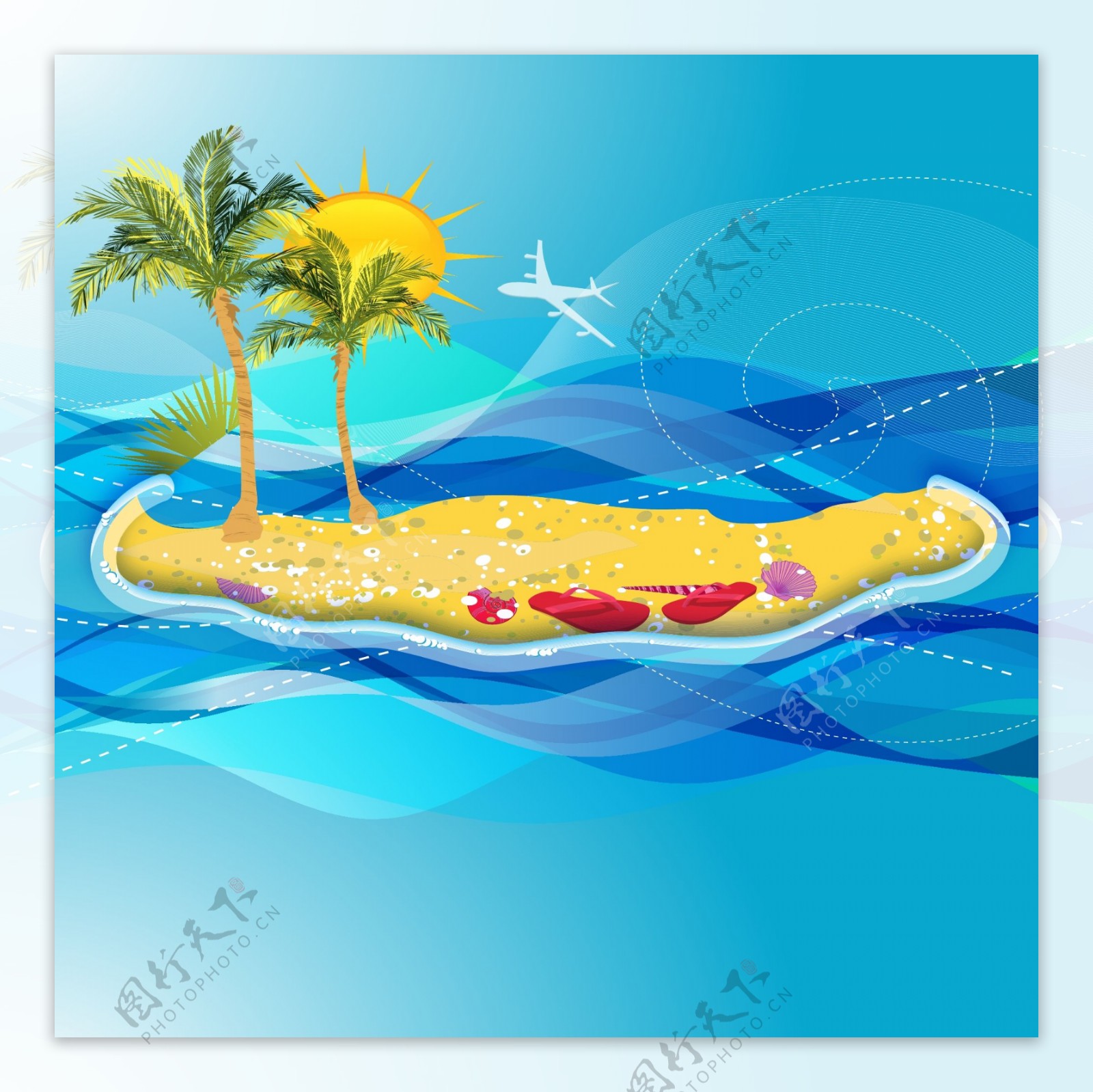 卡通大海小岛沙滩椰树背景