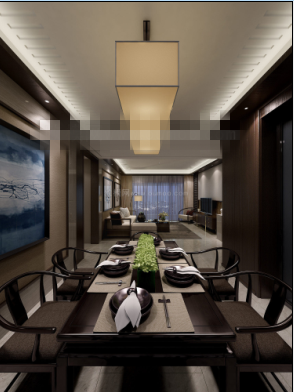 中式咖啡色家具客餐厅效果图