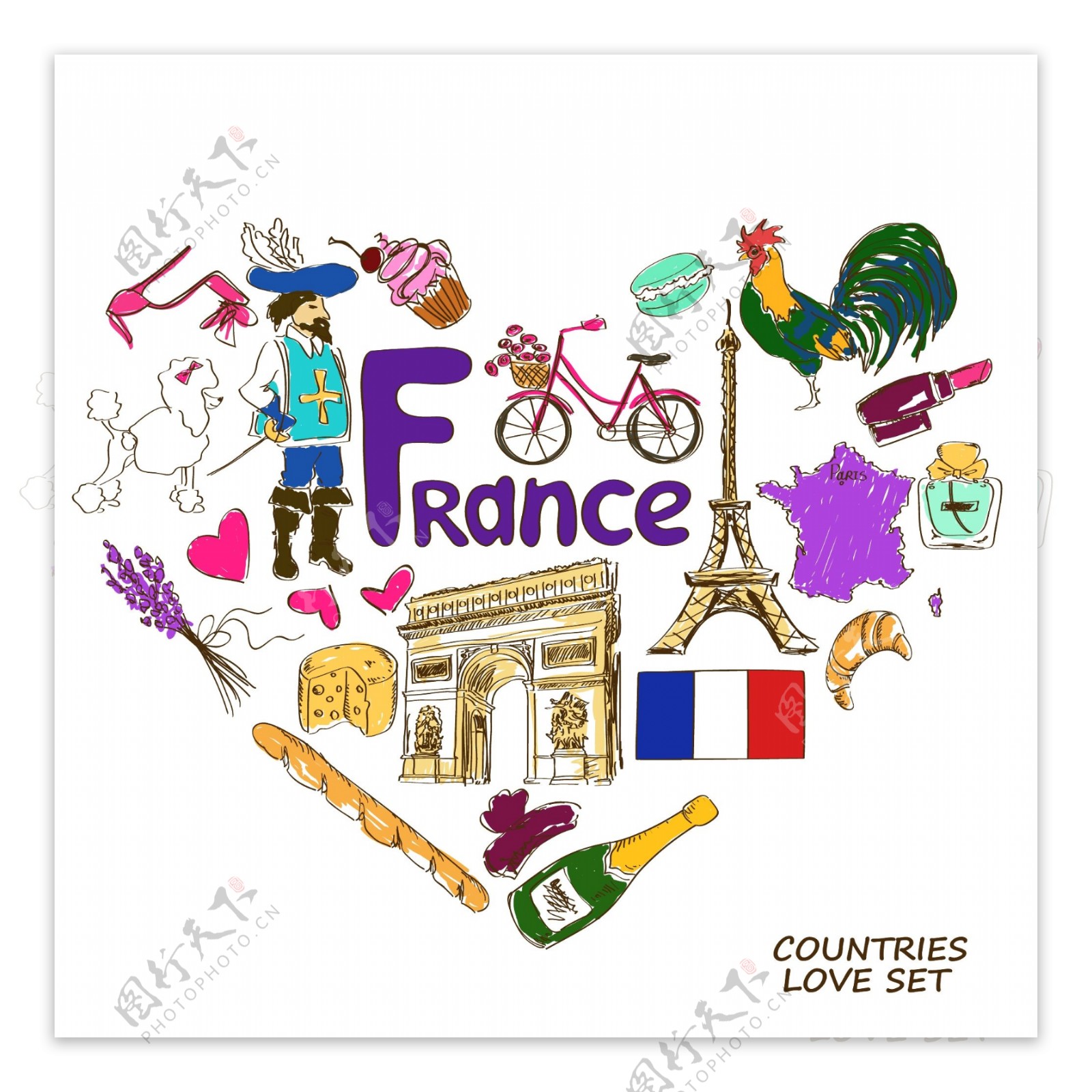 卡通创意法国旅行插画