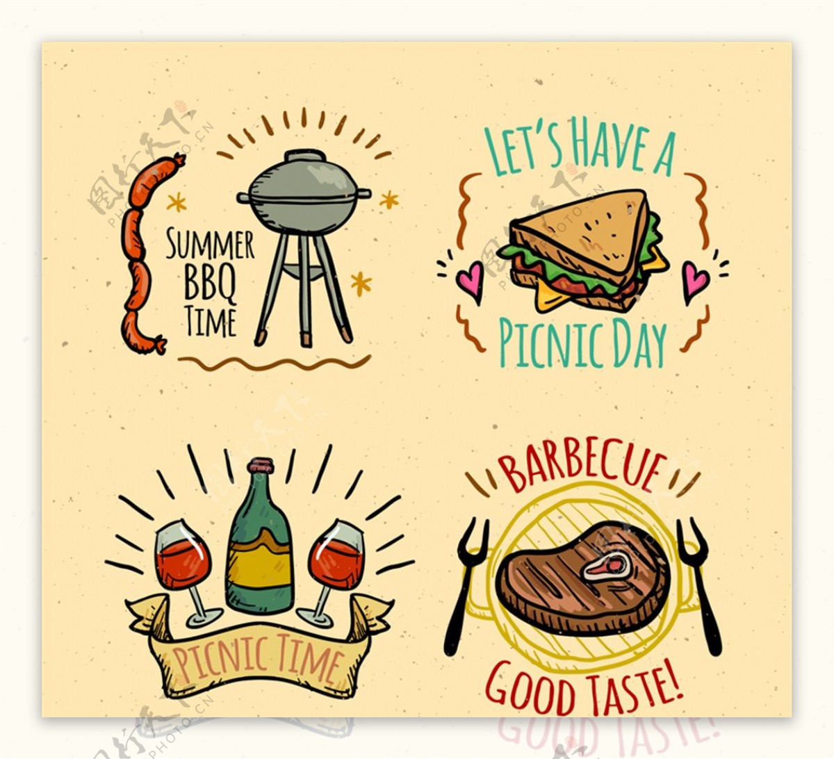 4款彩绘野餐与烧烤标签矢量图