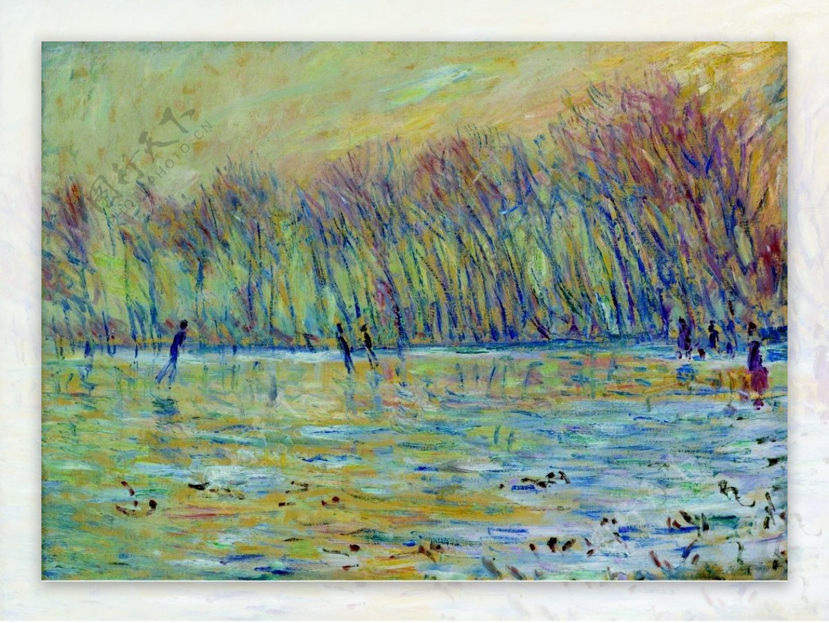 美丽湖边树木倒影风景油画背景墙素材