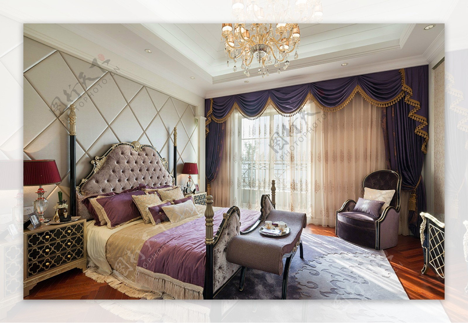 欧式蓝紫色窗帘卧室室内装修效果图