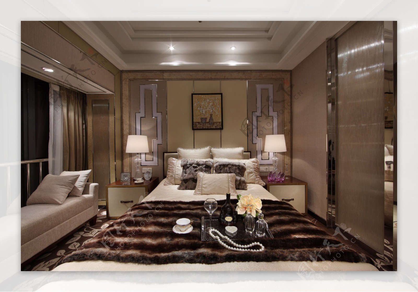 现代时尚富贵浅褐色背景墙卧室室内装修图