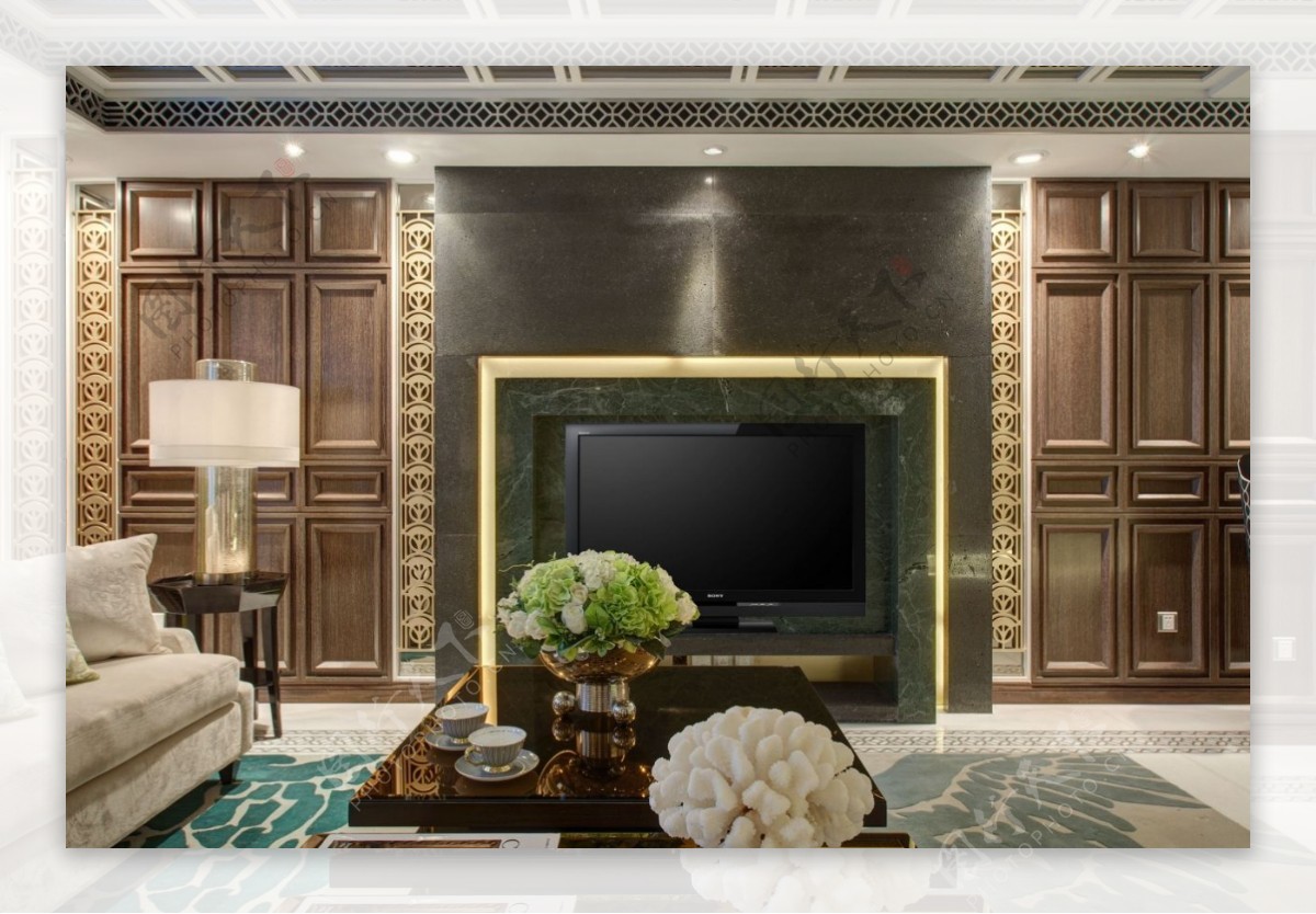 现代时尚客厅绿色花束室内装修效果图