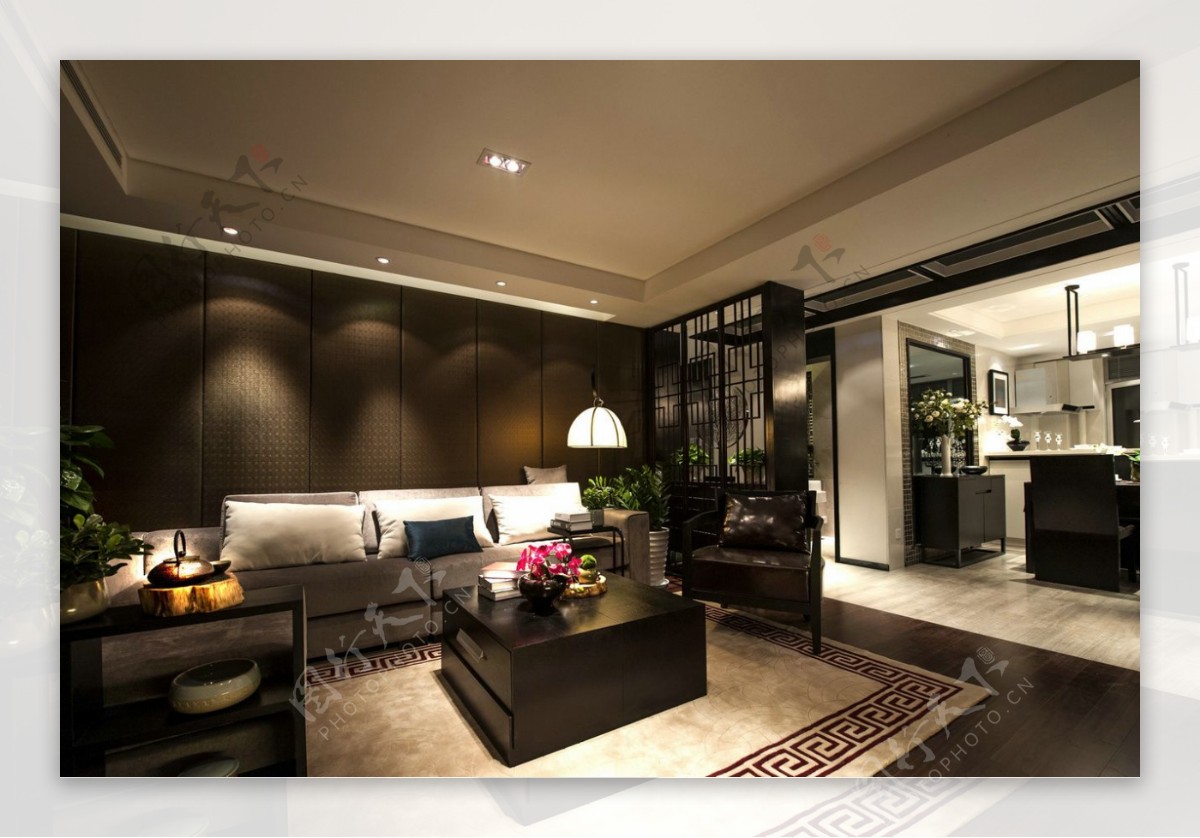 中式时尚客厅深色实木茶几室内装修效果图