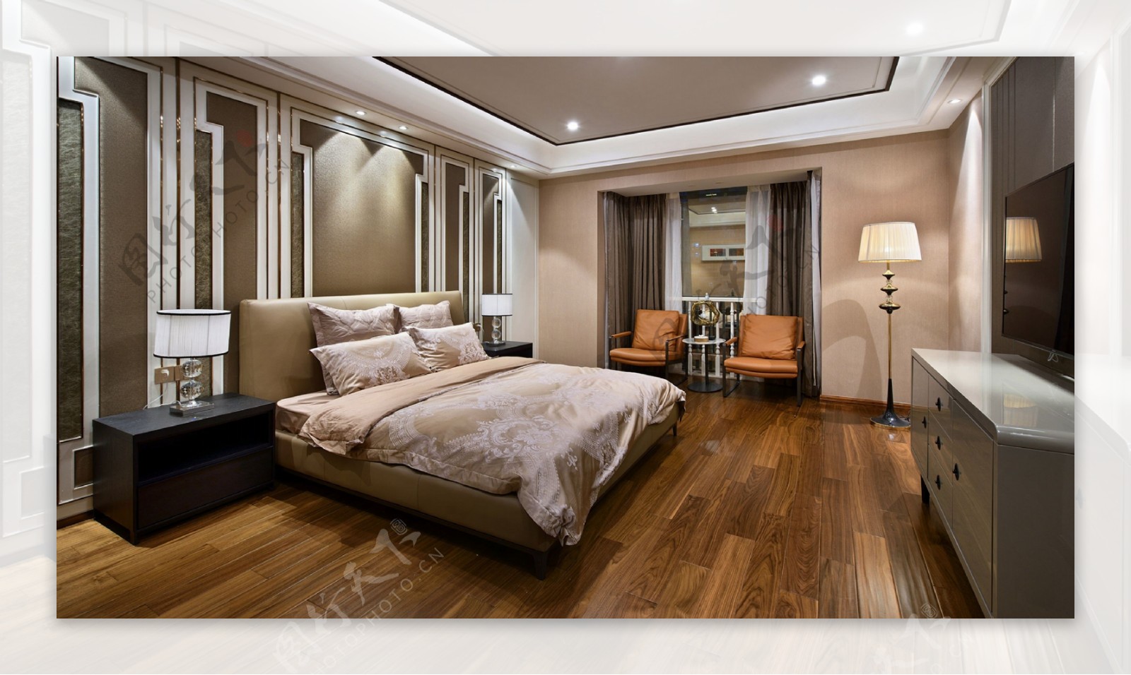 现代时尚感卧室白褐色背景墙室内装修效果图