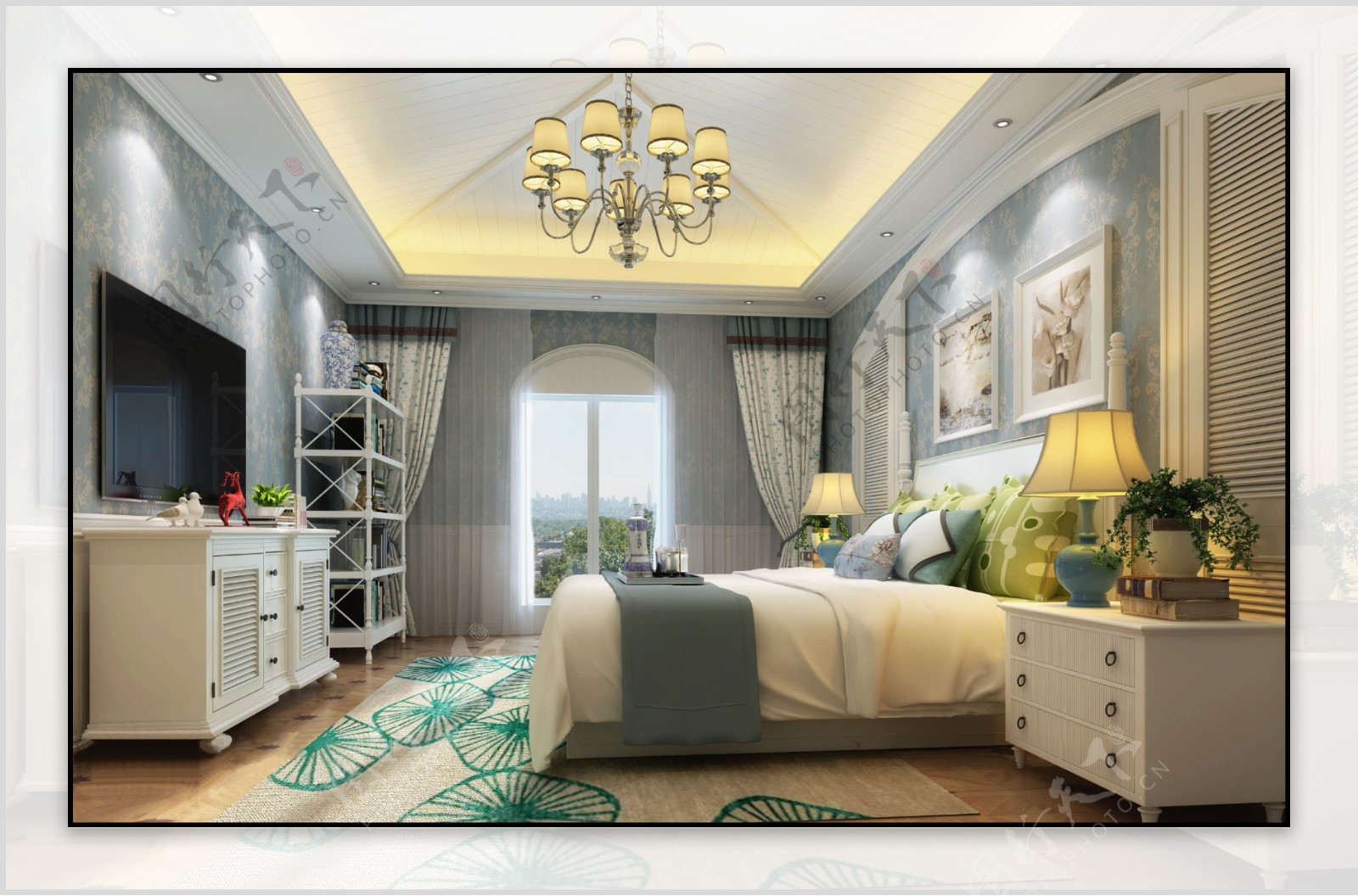 美式风格卧室亮灰色背景墙室内装修效果图