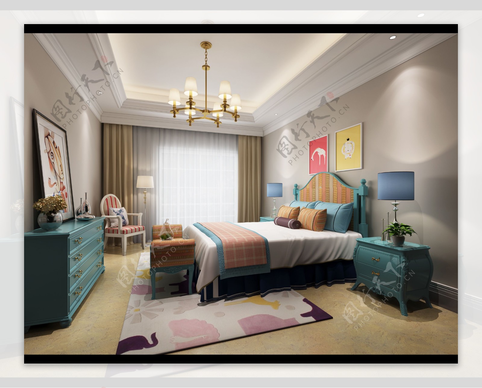 美式清新卧室水蓝色家具室内装修效果图
