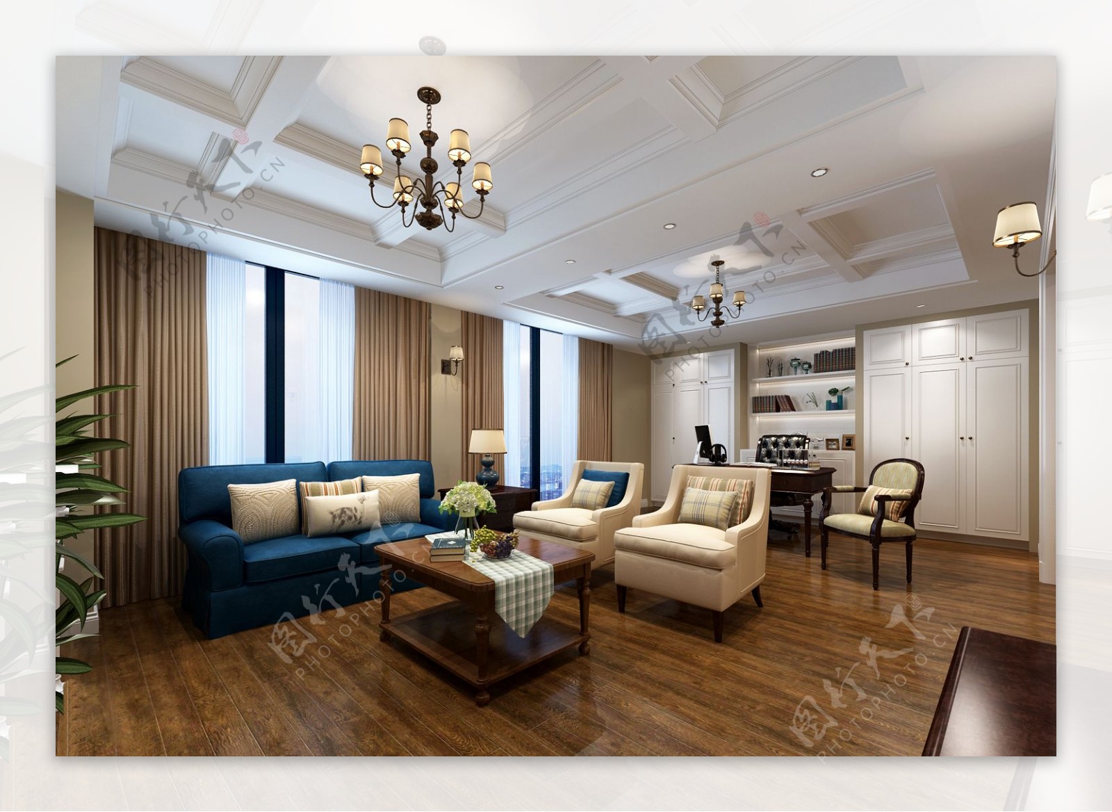 美式简约客厅浅褐色窗帘室内装修效果图