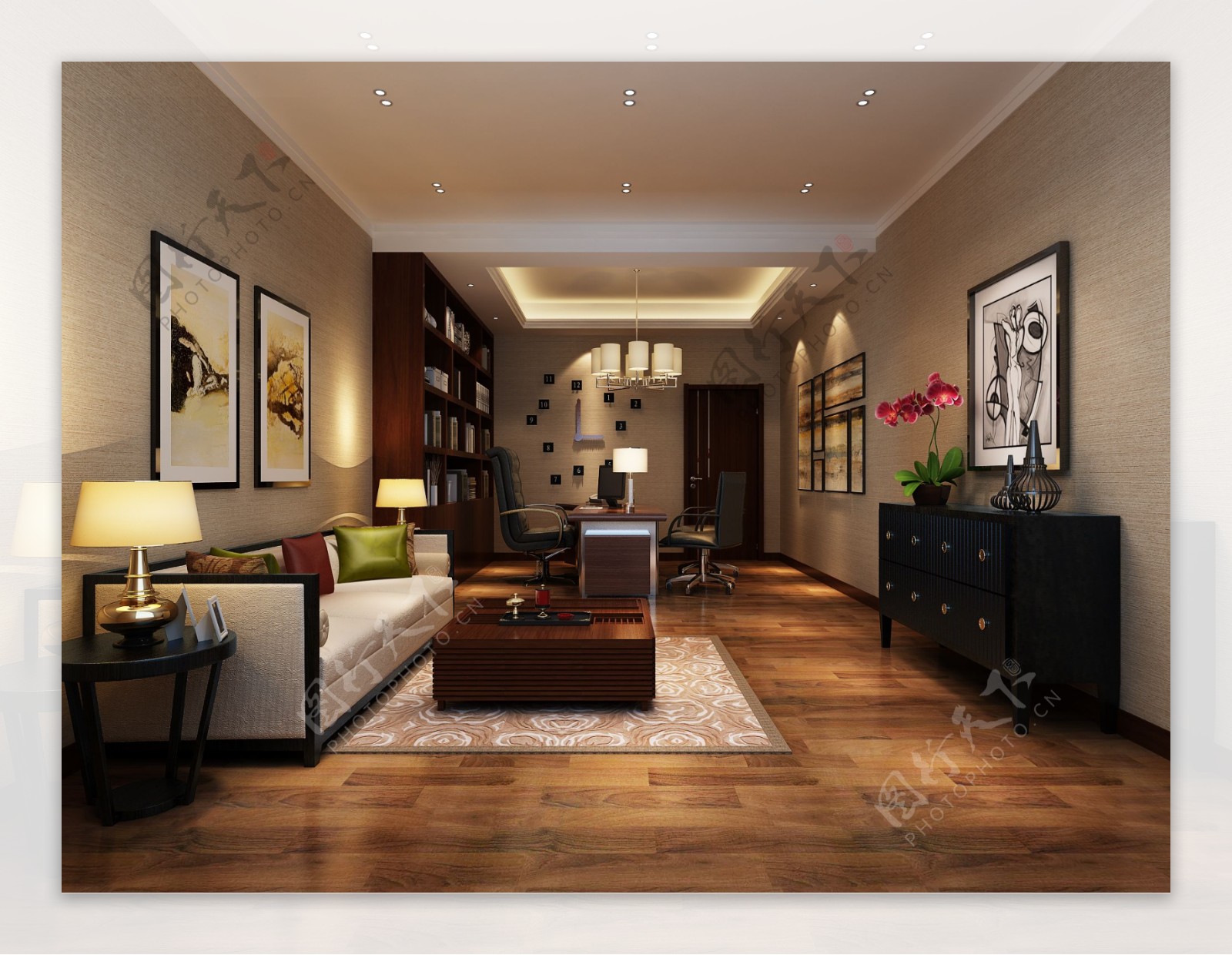 现代温婉粉红花纹地毯客厅室内装修效果图