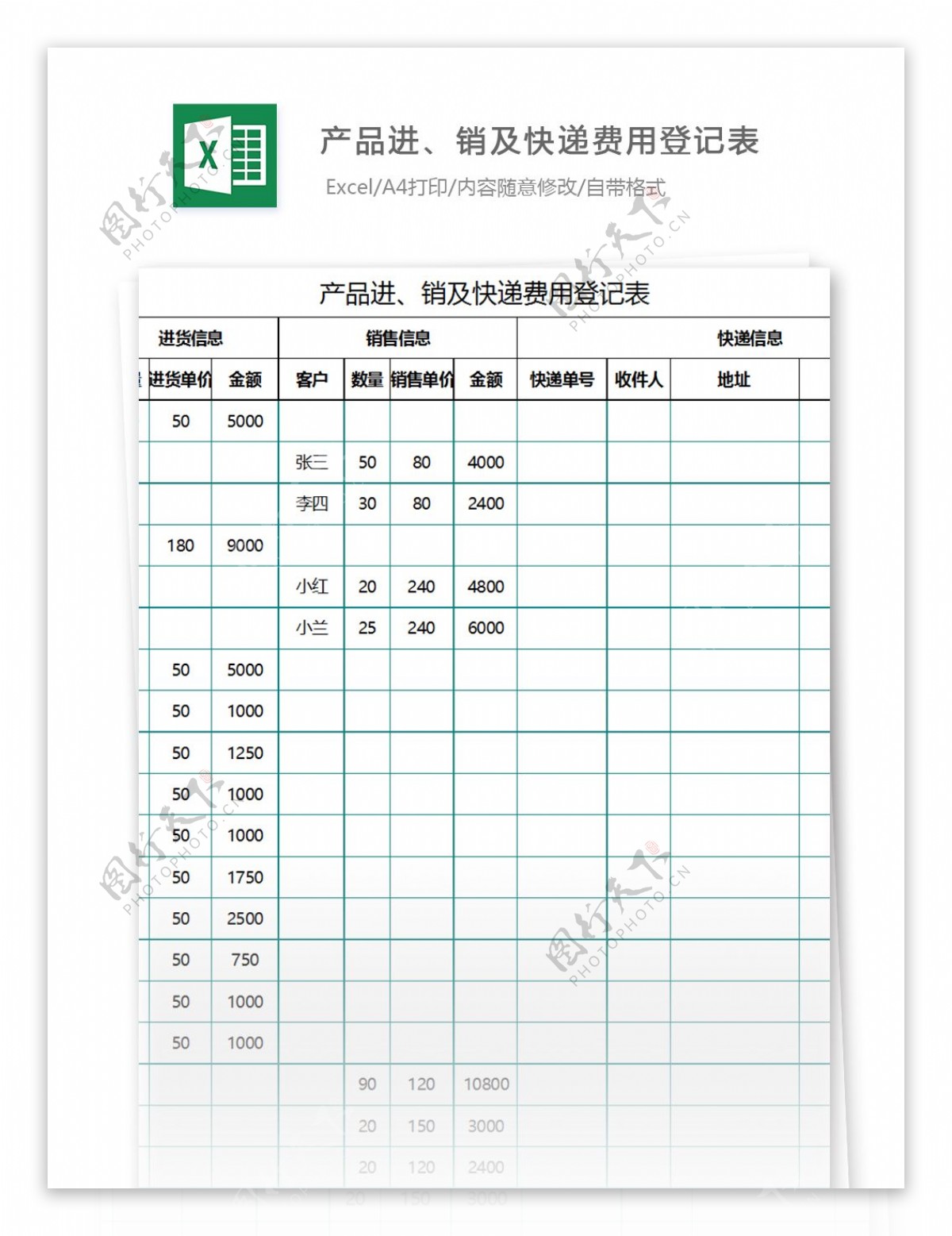 产品进销及快递费用登记表excel表格