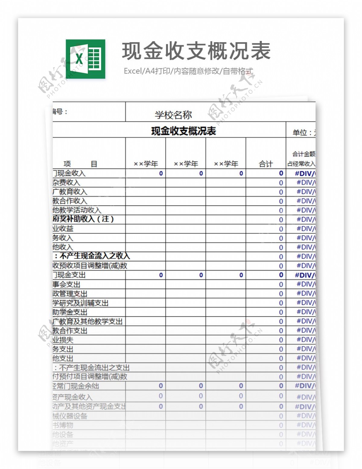 现金收支概况表excel表格模板