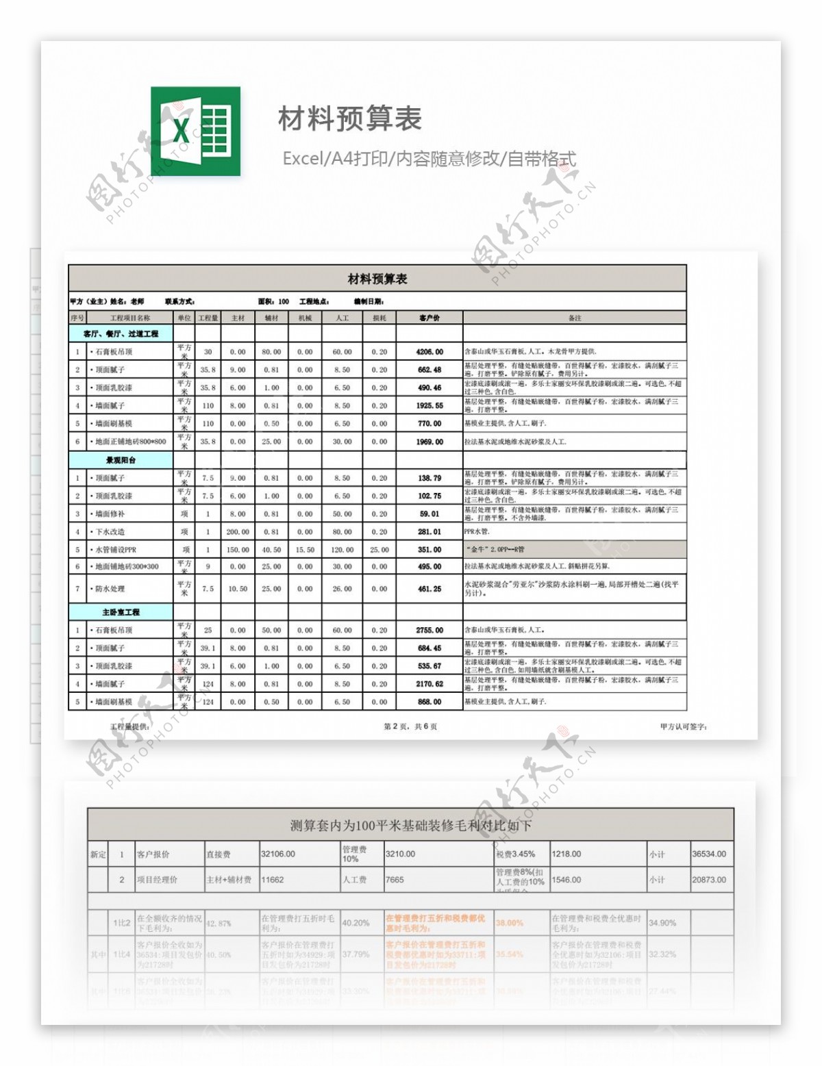 房屋装修100平米全包预算表