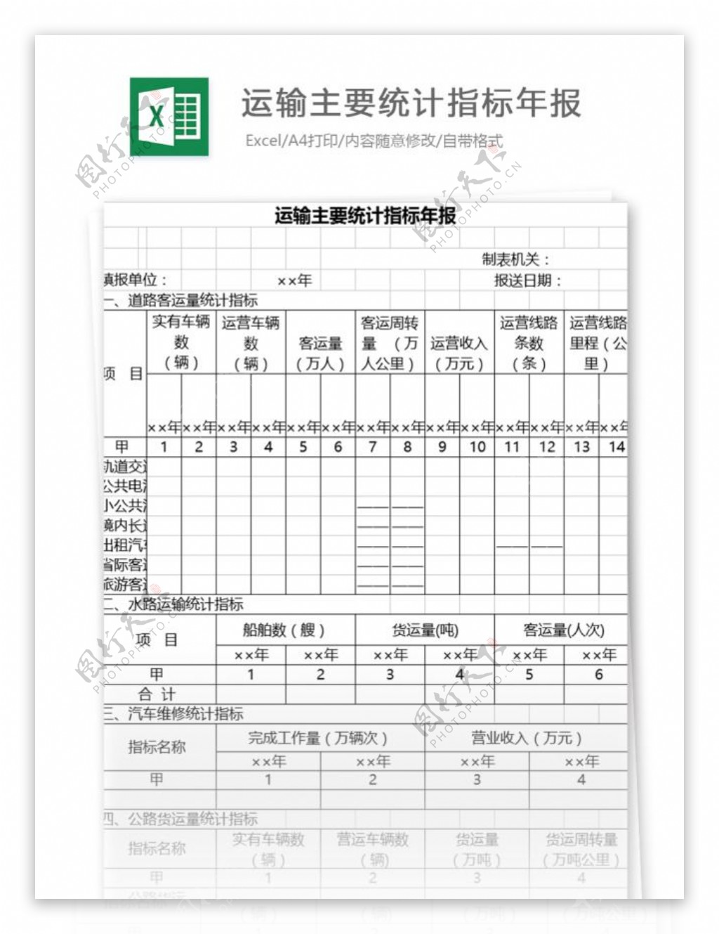 运输主要统计指标年报表格