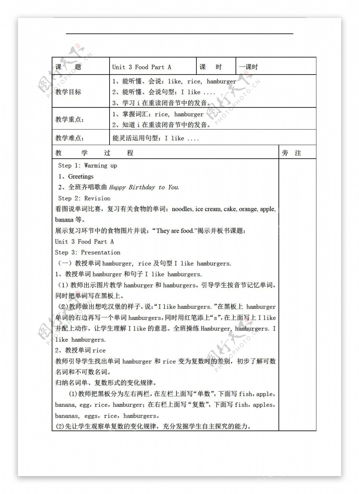 三年级下英语下册教案Unit3FoodPartA