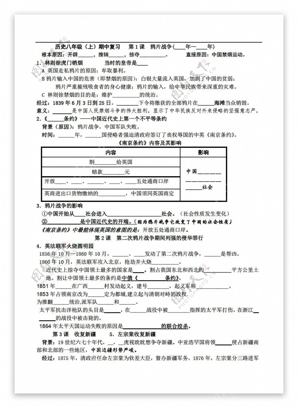 八年级上册历史八上期中复习知识点