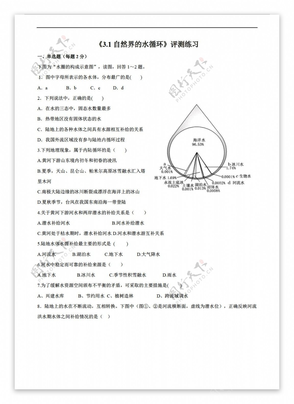 地理人教版必修新课标第三章地球上的水同步练习