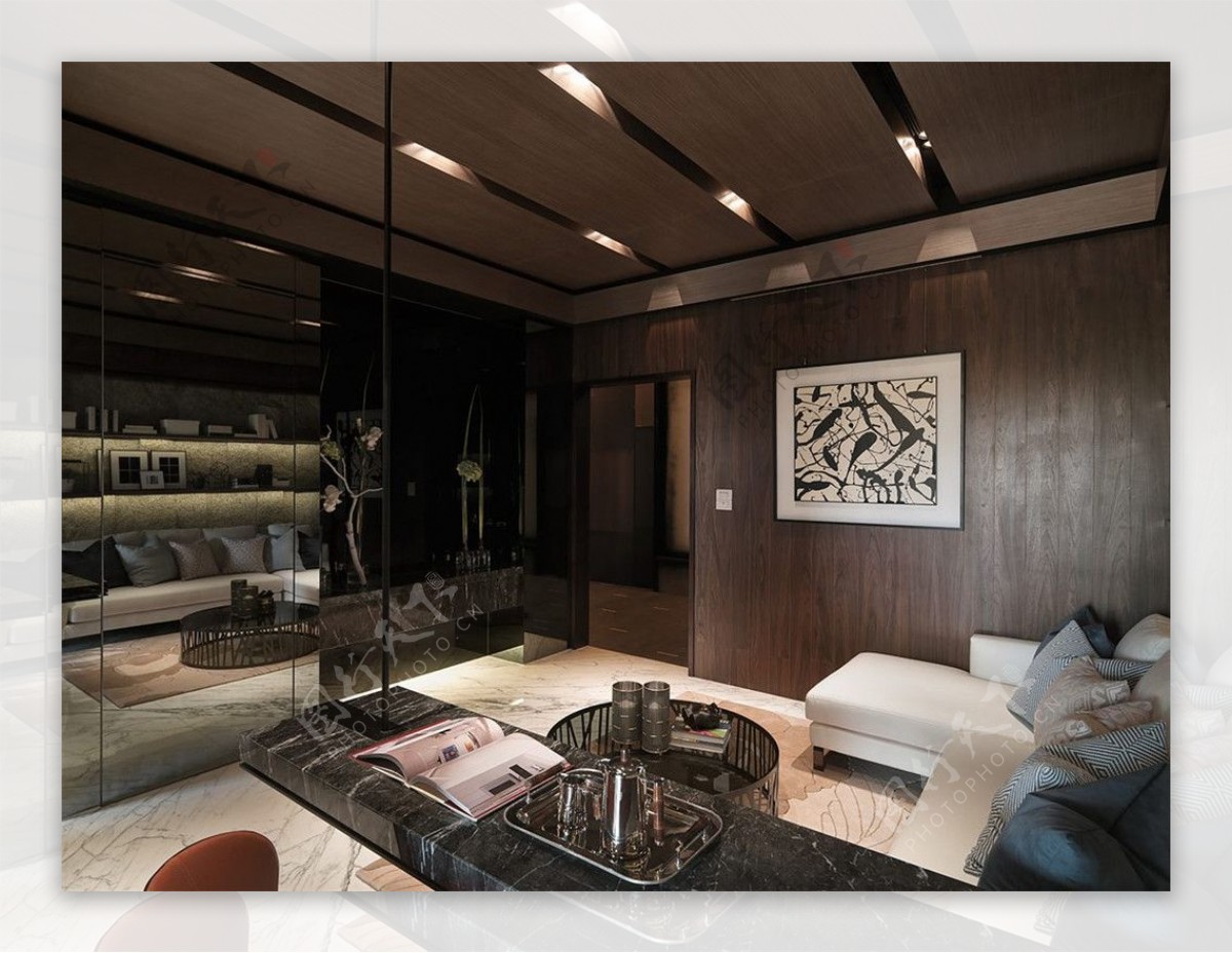 现代时尚客厅金褐色背景墙室内装修效果图