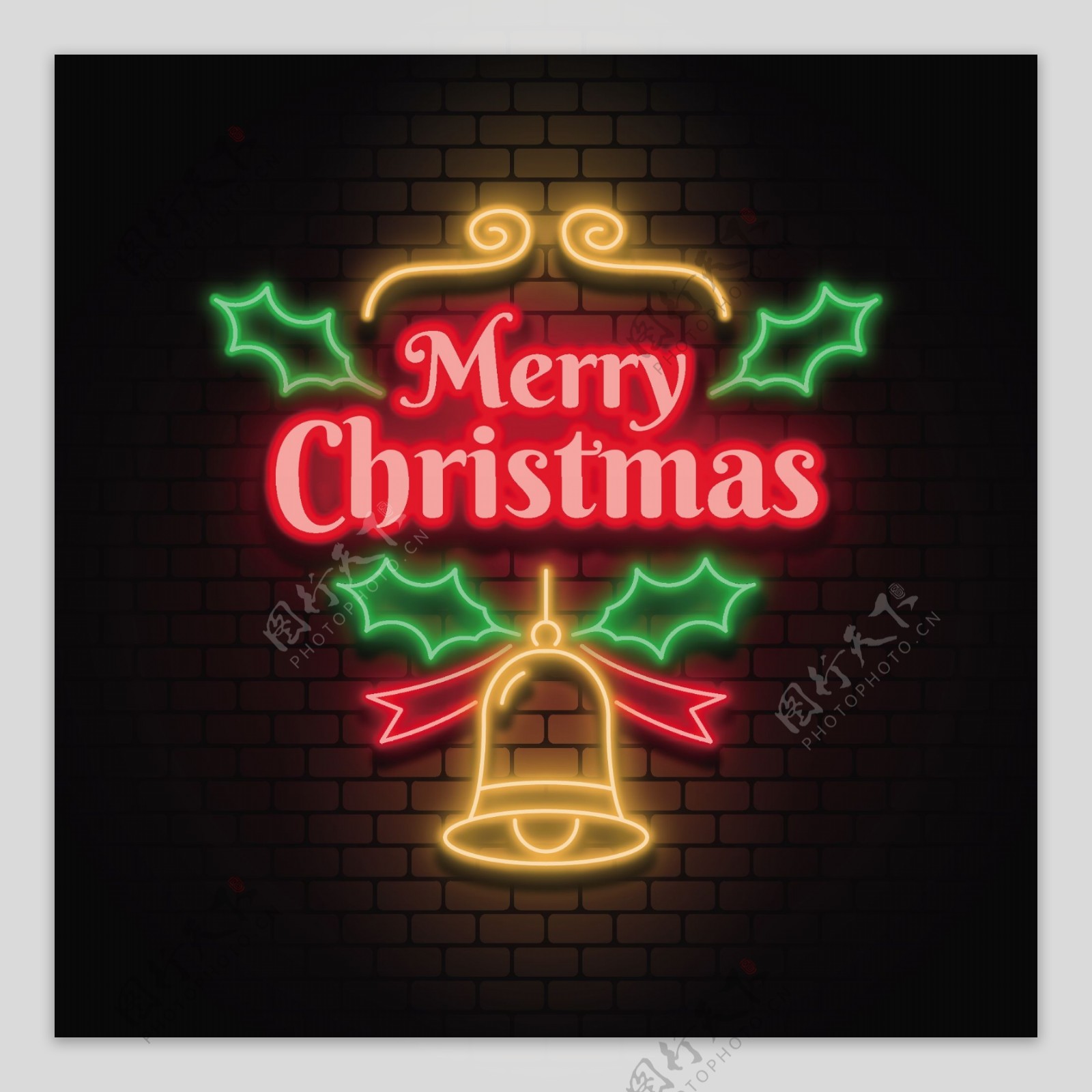 精美圣诞节铃铛霓虹灯元素设计