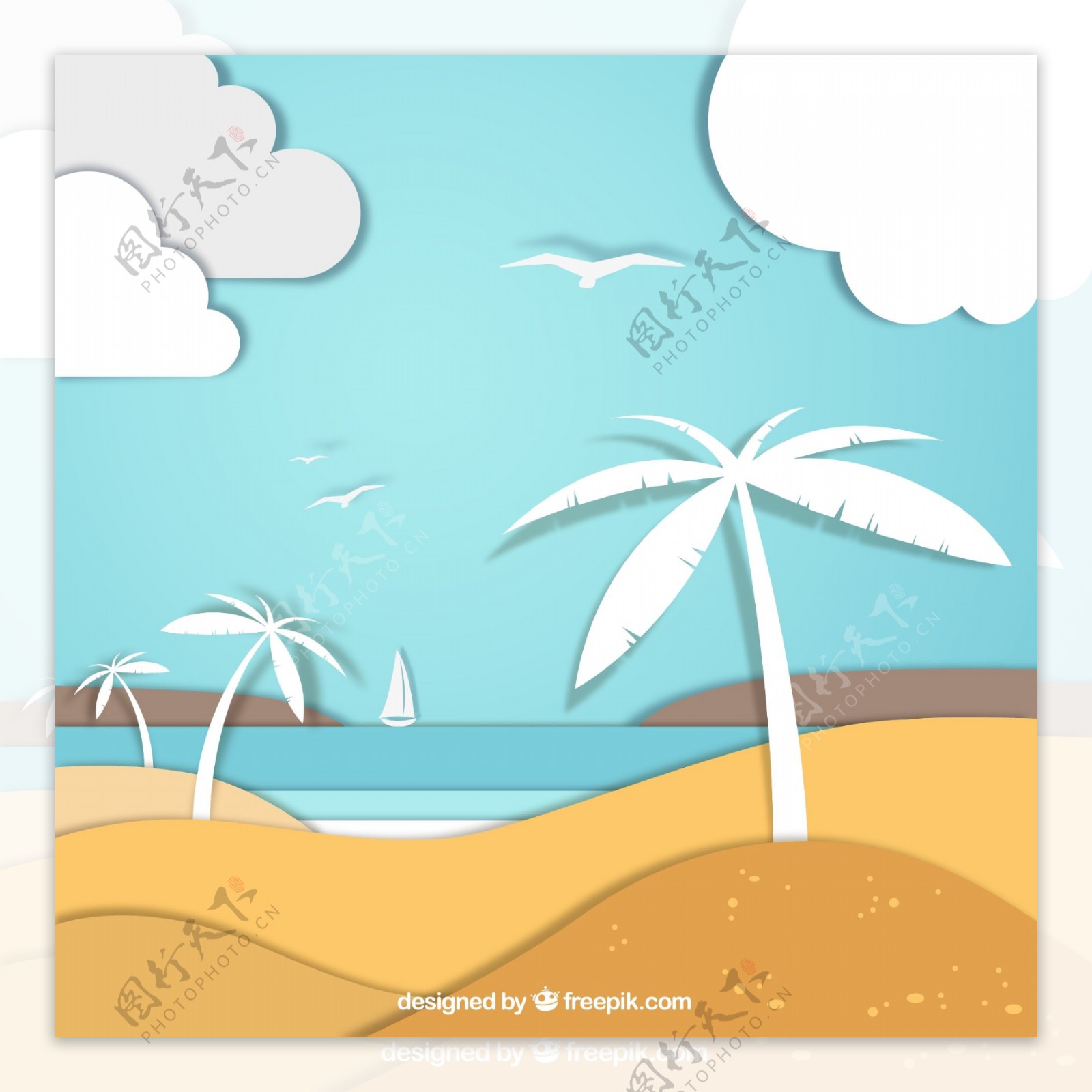 蓝色沙滩椰子树矢量图源文件H5背景