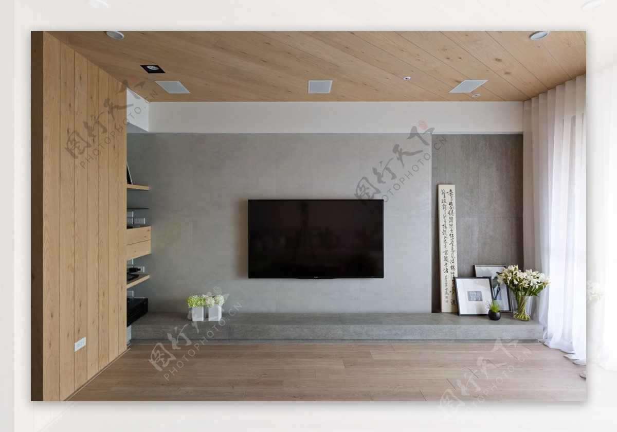 现代清新客厅白色电视背景墙室内装修效果图