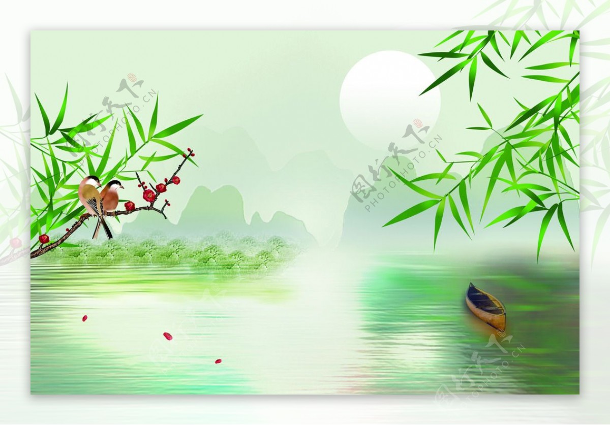 3D竹子山水花鸟背景