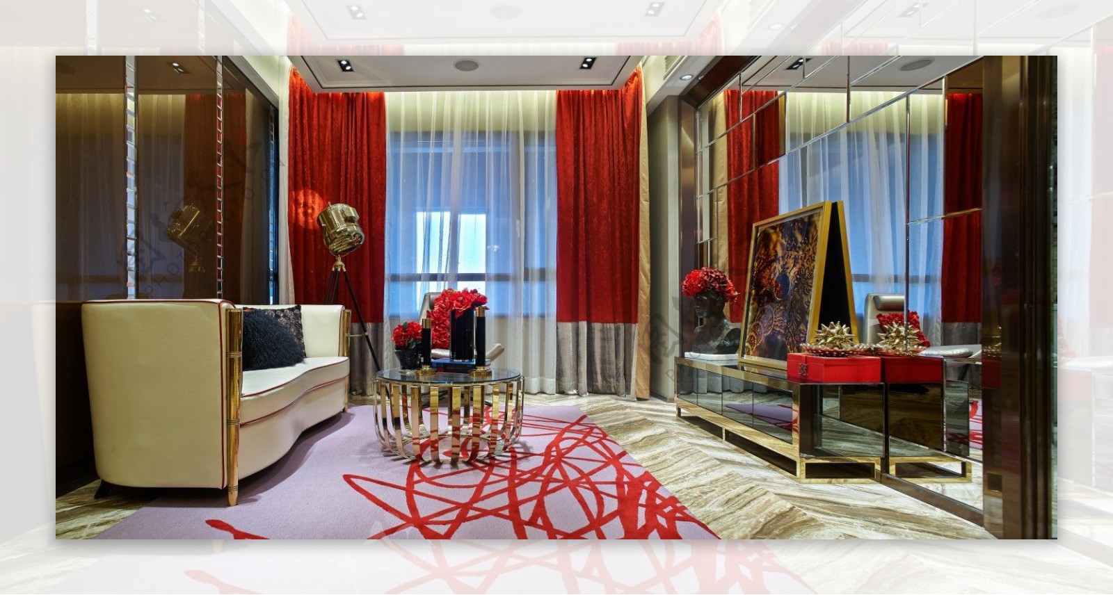 红色窗帘客厅现代效果图