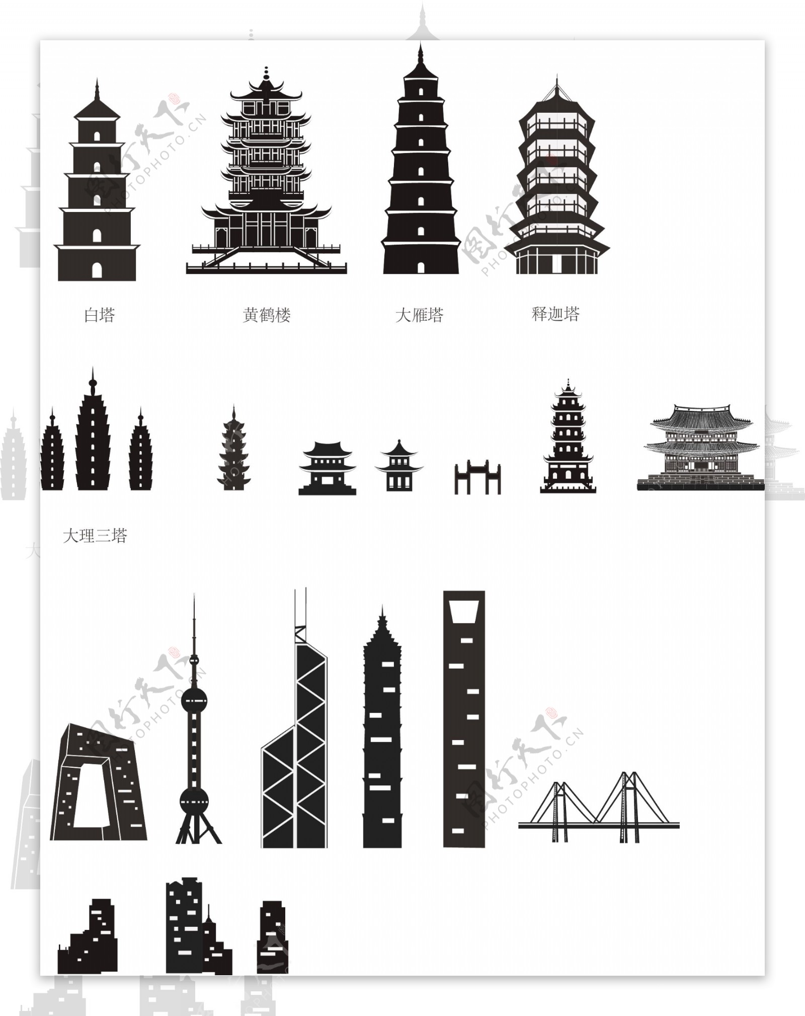 古代中国建筑剪影矢量图
