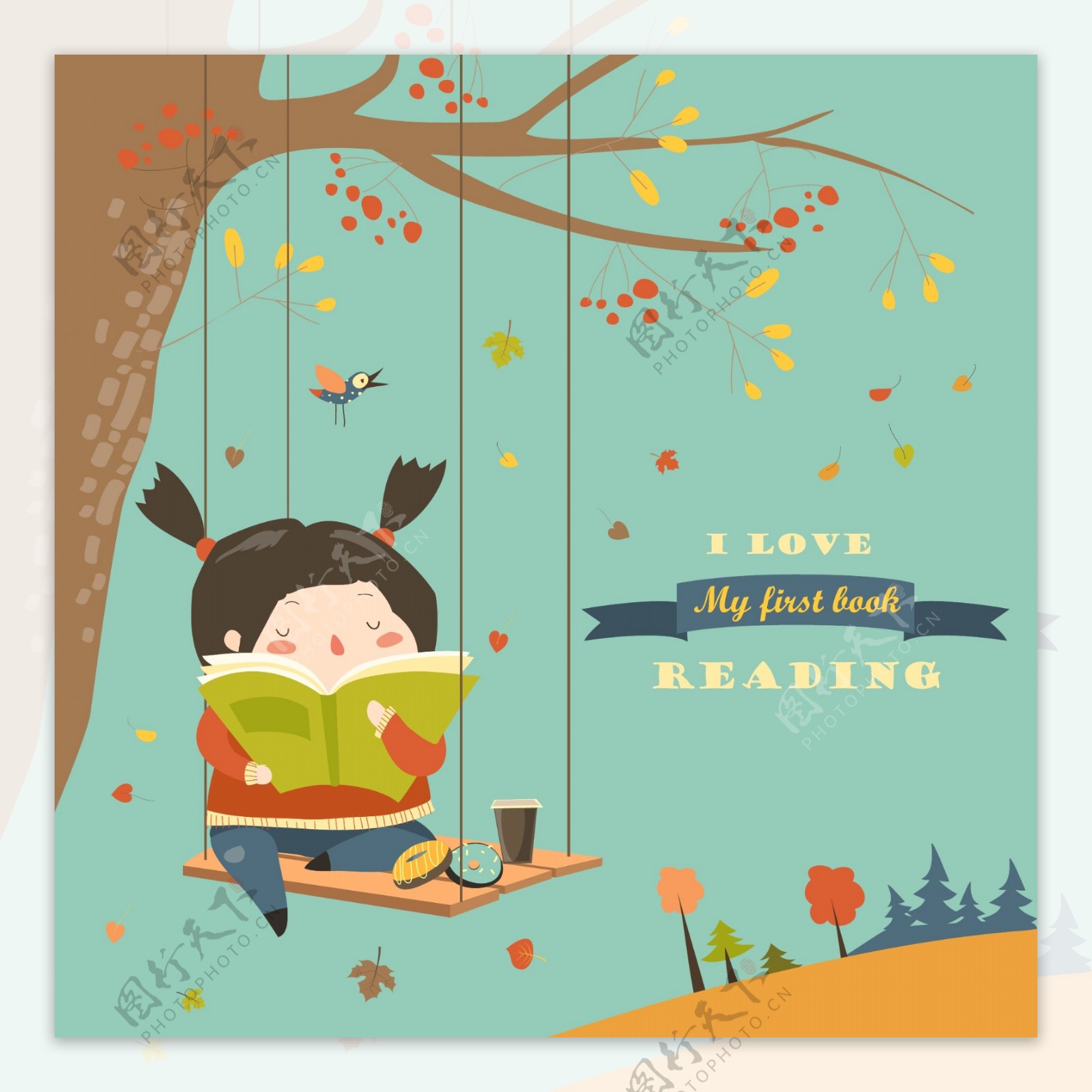 坐在秋千上读书的女孩