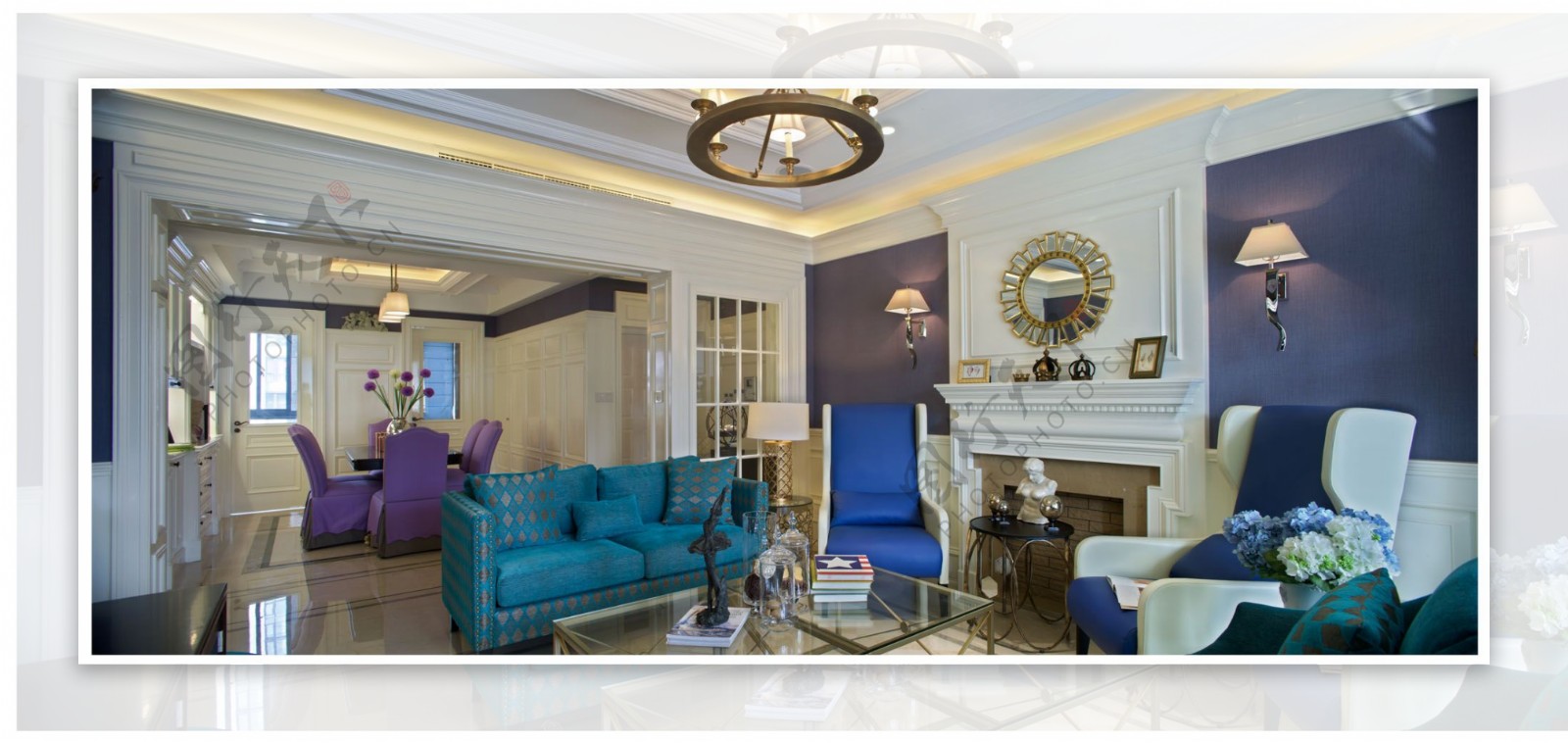 现代时尚客厅褐色圆形吊灯室内装修效果图