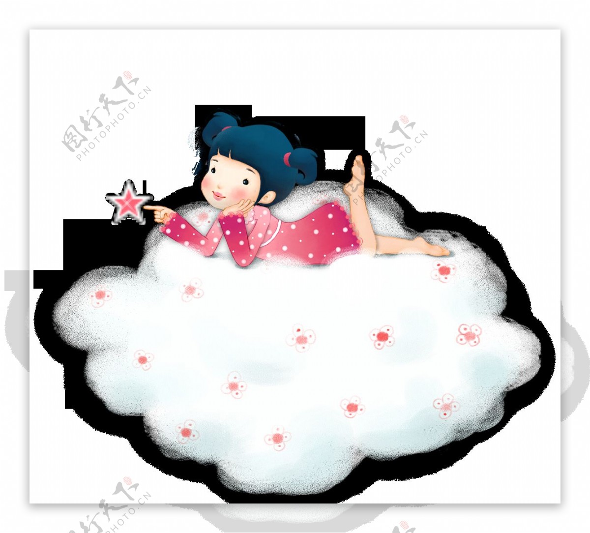 卡通女孩躺在云朵上png元素