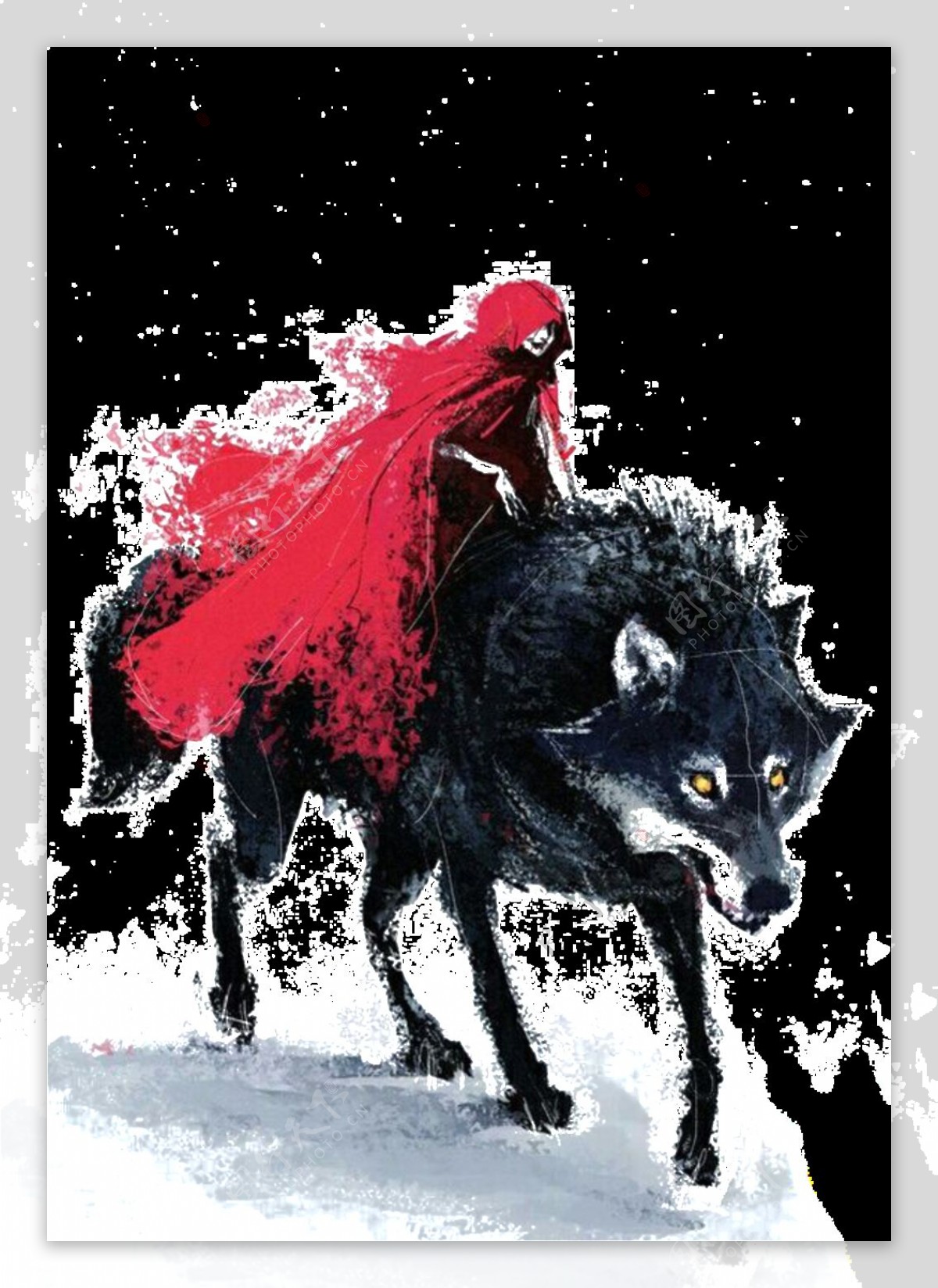 彩绘狼背上的红衣巫婆图案