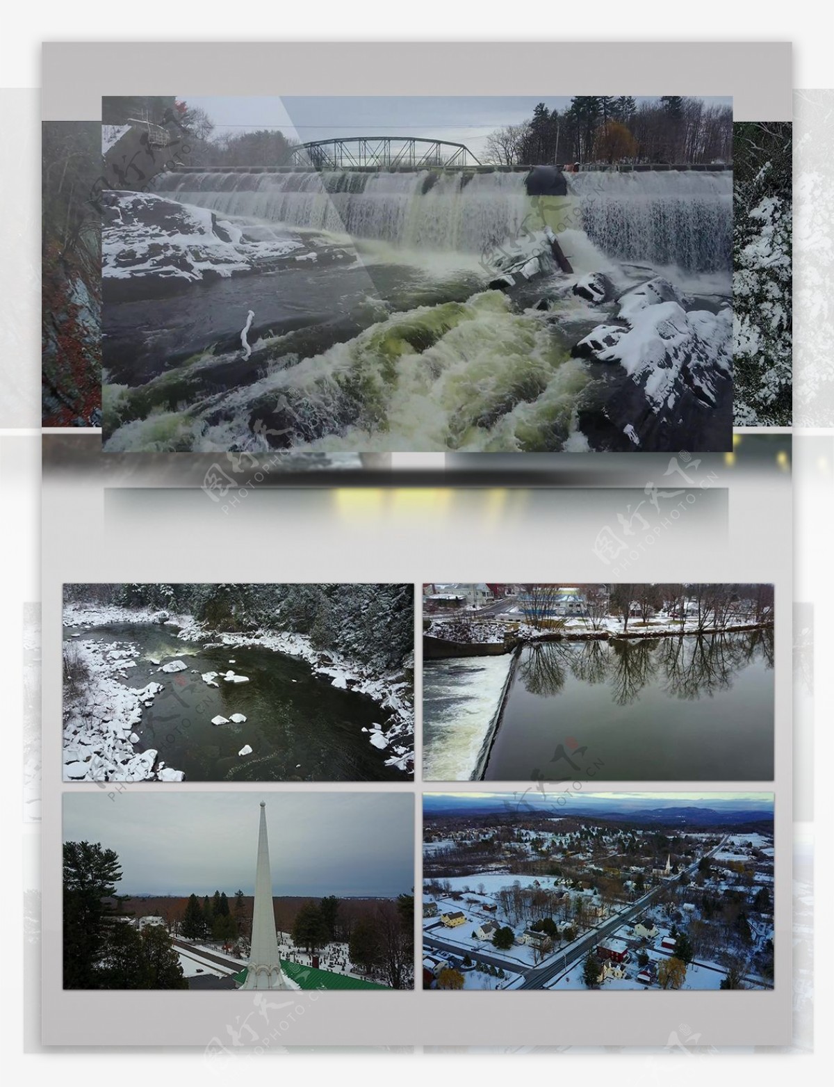 2K冬季景观桥梁流水瀑布车流航拍鸟瞰乡村旅游风景视频