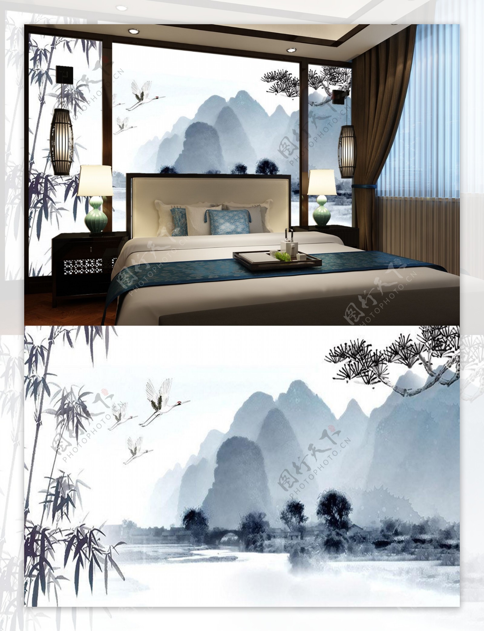 中式水墨山水画卧室背景墙