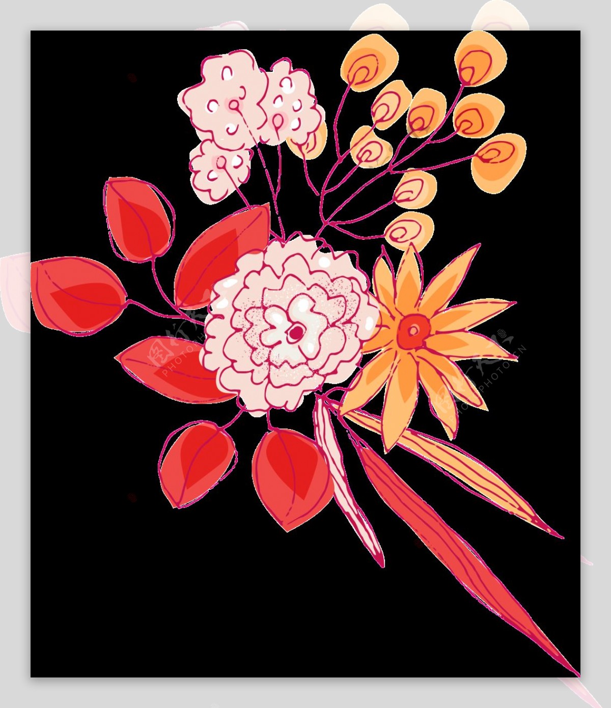 手绘线性风格花卉png透明素材