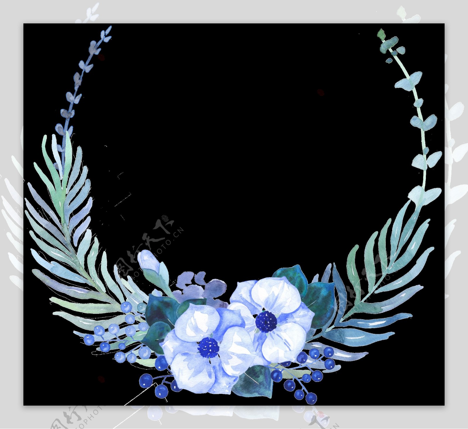 文艺清新蓝色小花手绘花环装饰元素
