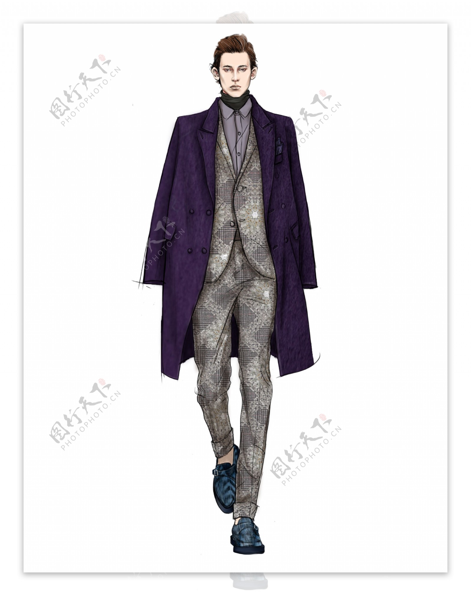 时尚蓝紫色西装外套男装效果图