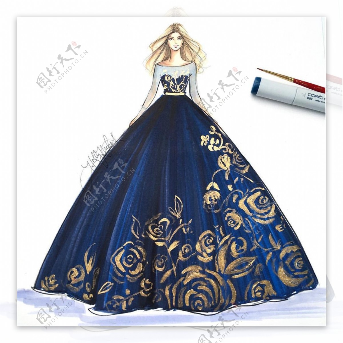 蓝色花纹礼服设计图
