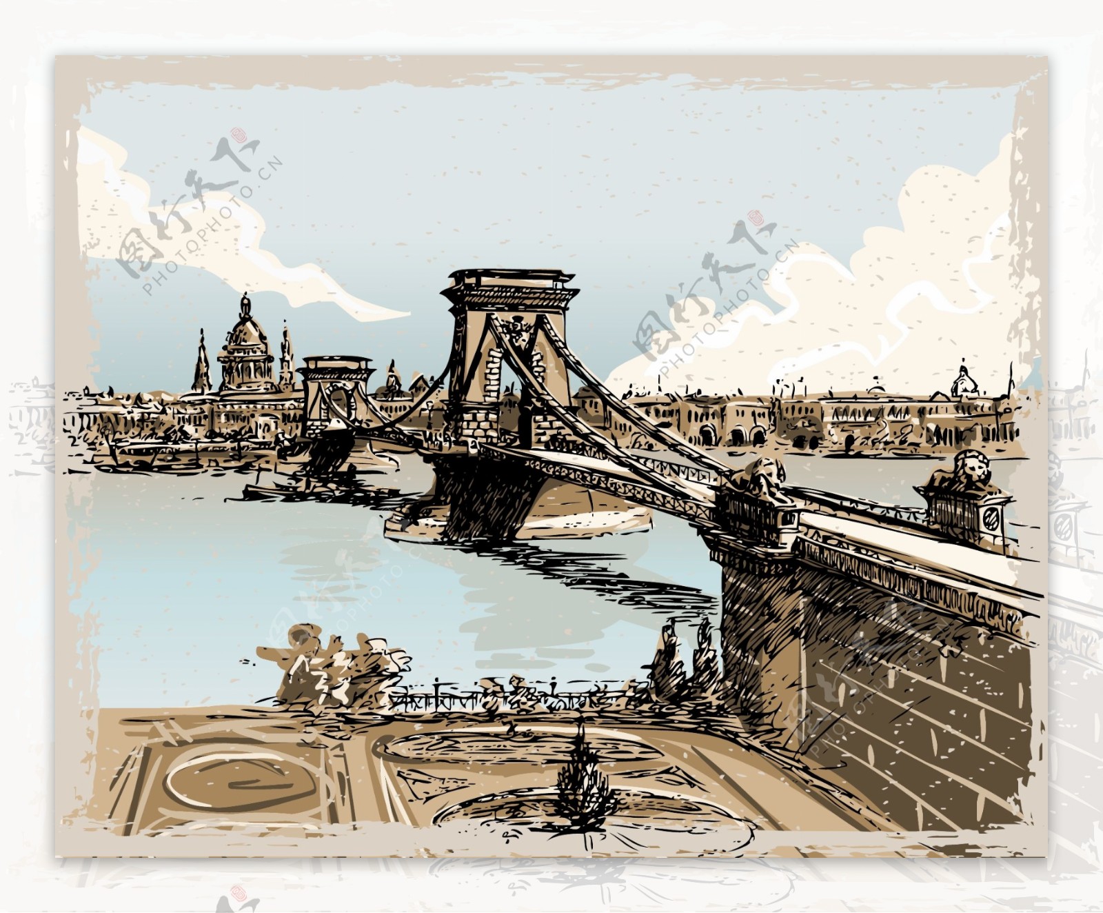 手绘城市大桥建筑插画