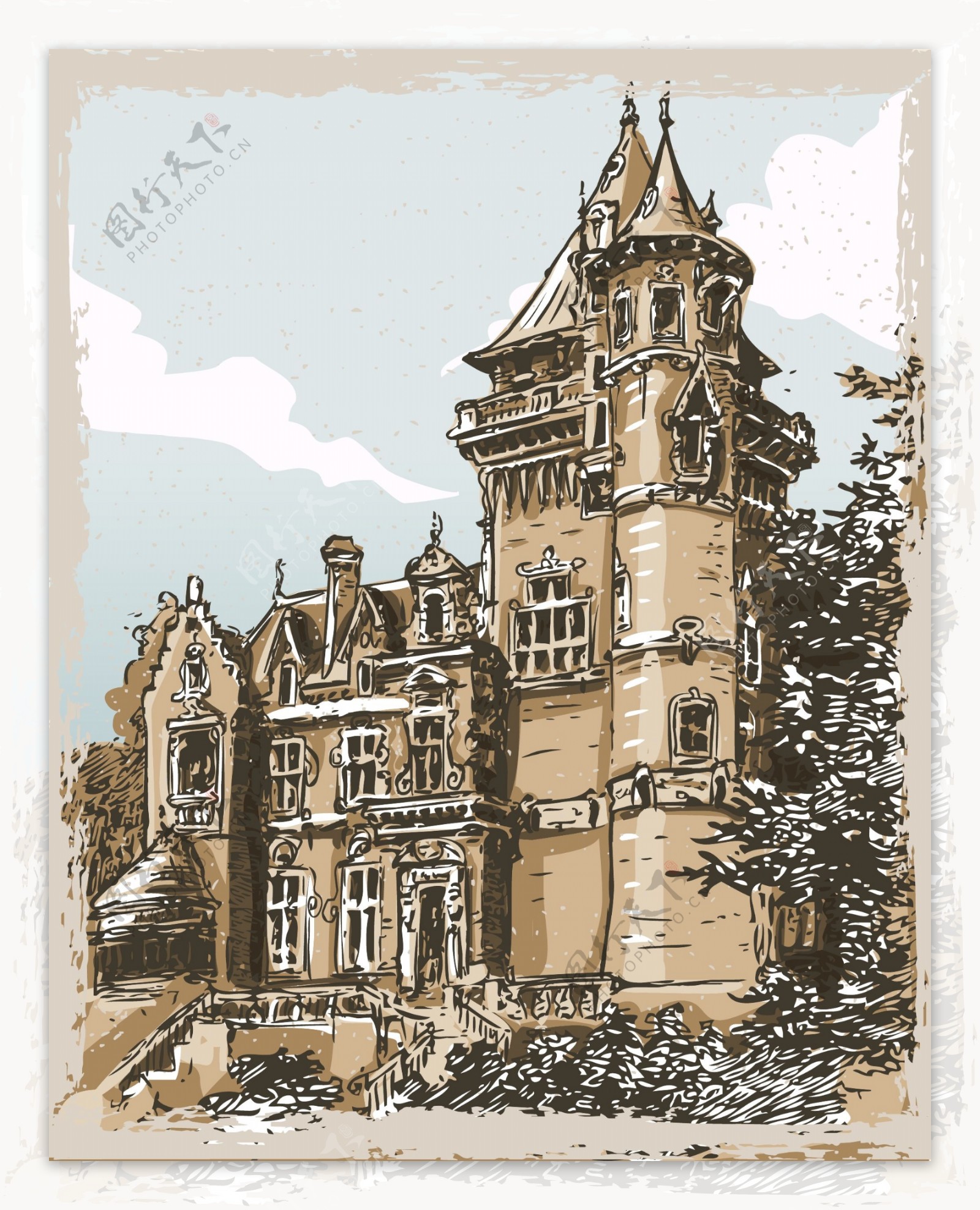手绘城堡建筑插画