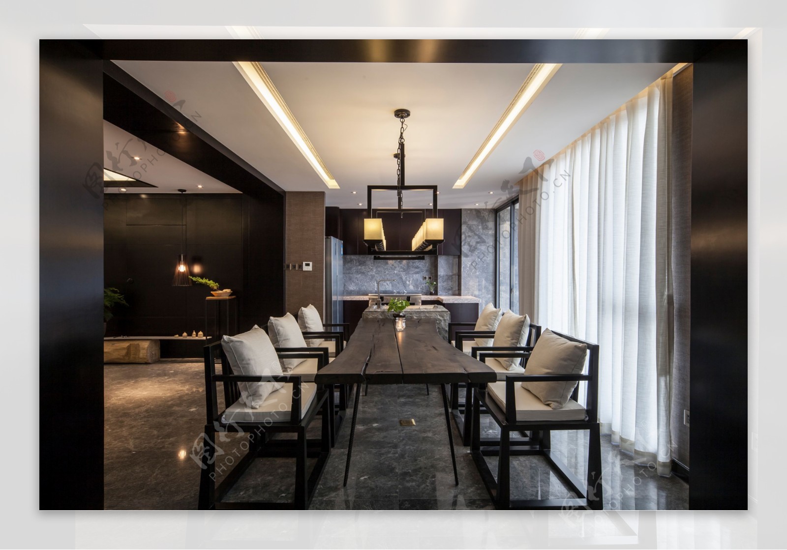 中式风格六人长方形餐厅餐桌装修效果图- 中国风