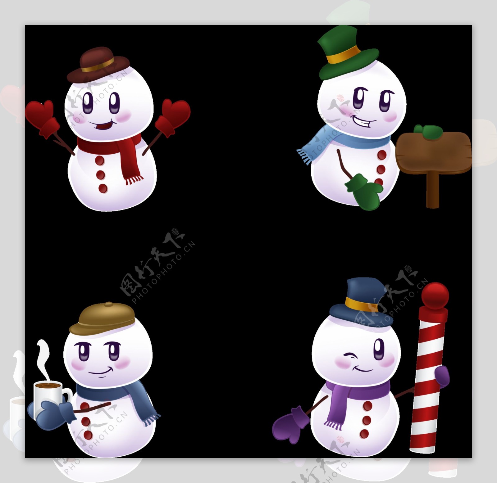 4个可爱的圣诞雪人元素
